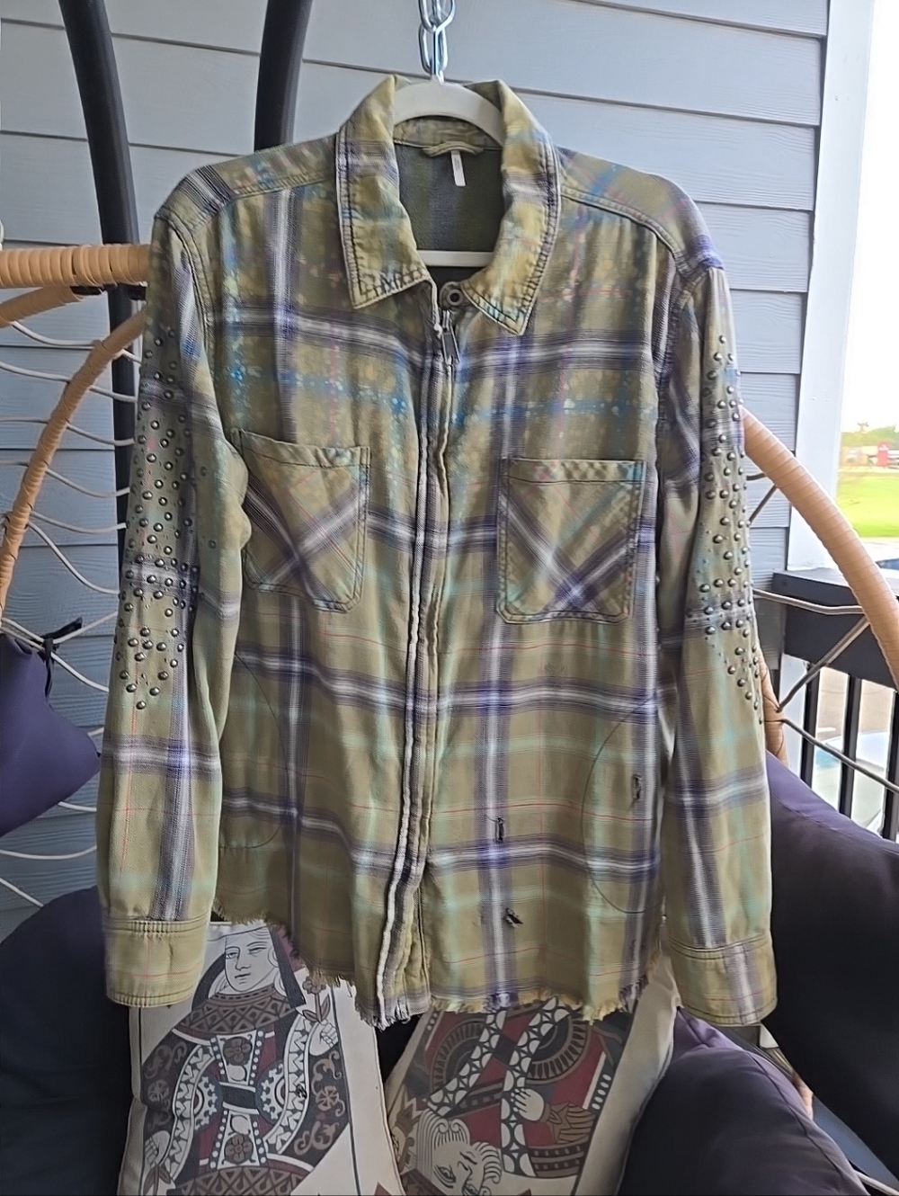 Free People Green Multicolored Plaid Distressed Studded Size Large Full Zip